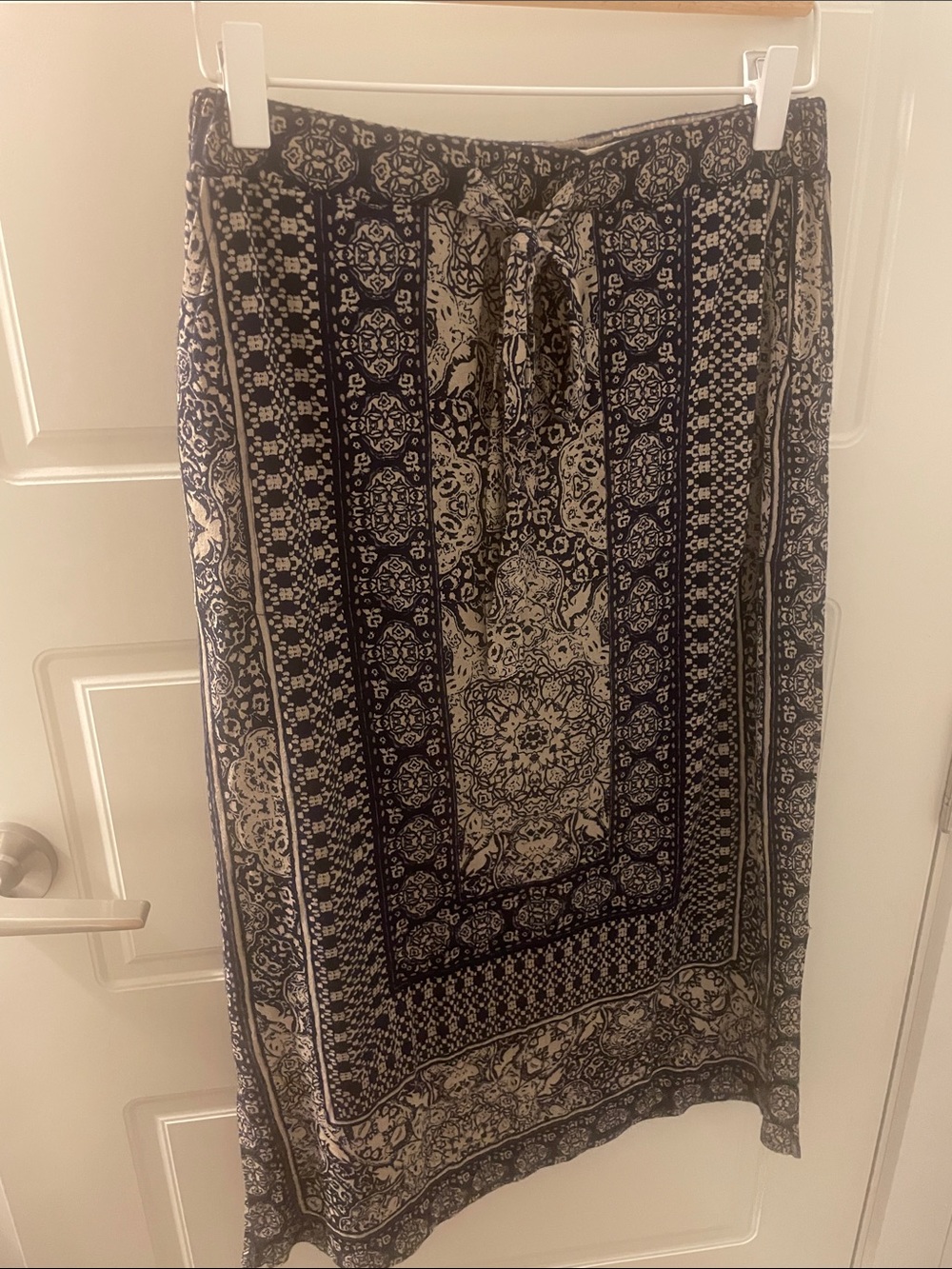 Lucky Brand Navy and Cream Midi Skirt with Boho Print